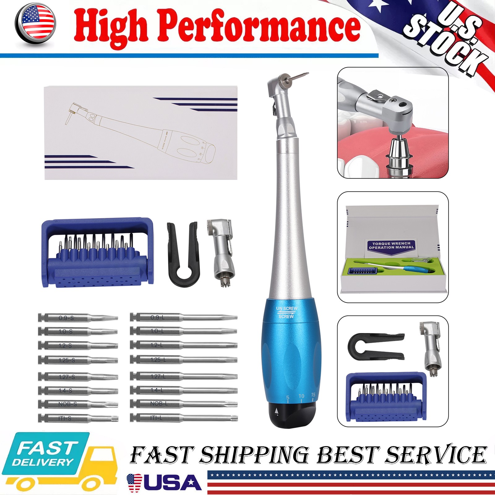 Dental Universal Implant Kit Torque Wrench Contra Angle & 16pcs Drivers Kit Blue