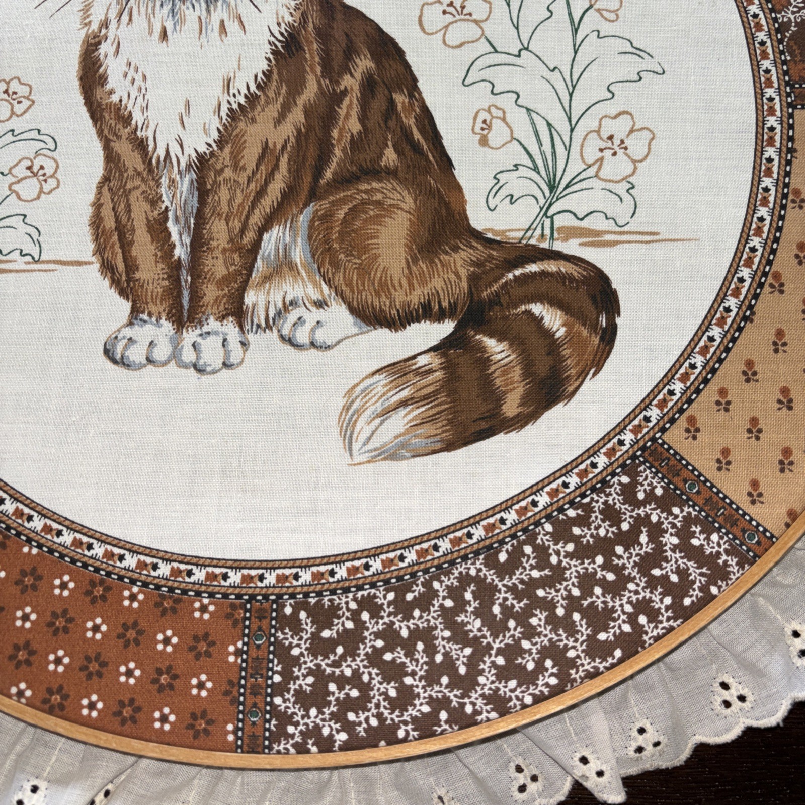 Vintage Large Embroidery Hoop Cranston Cat Print With Lace Trim. . 14.5 inches.