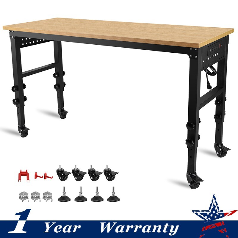 60" Adjustable Workbench w/ Power Outlet Heavy Duty Load Capacity Hardwood Table