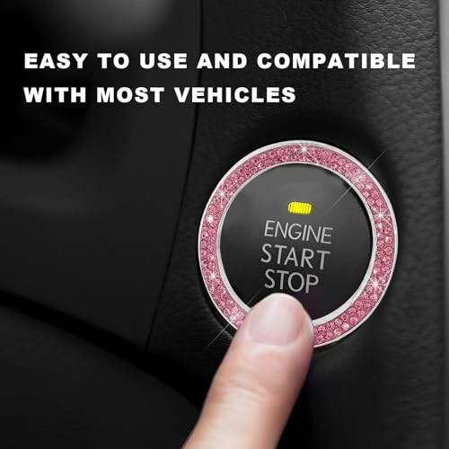 2PCS Car Bling Engine Start Ring Decal, Crystal Auto Push Start Button Pink