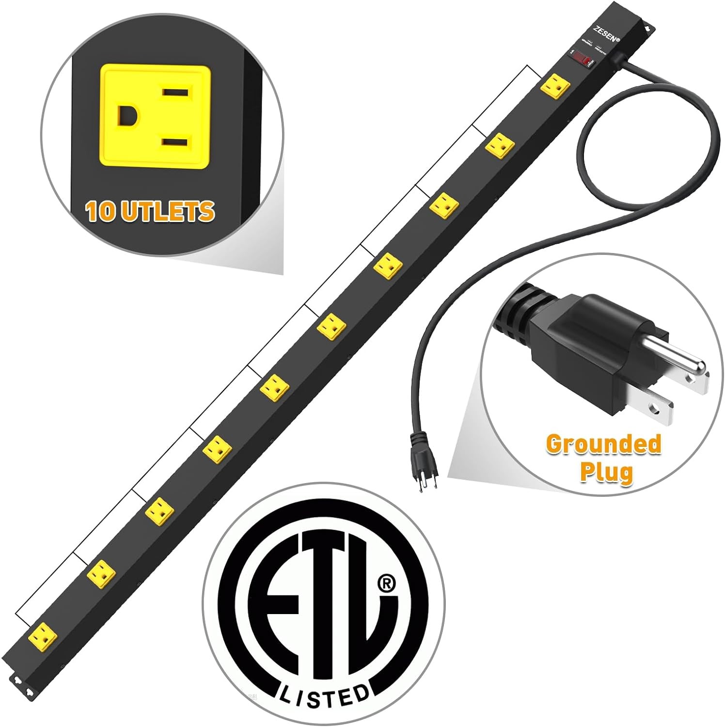 10 Outlet Long Power Strip Wide Spaced Outlet Power Bar with 4FT Cord Black