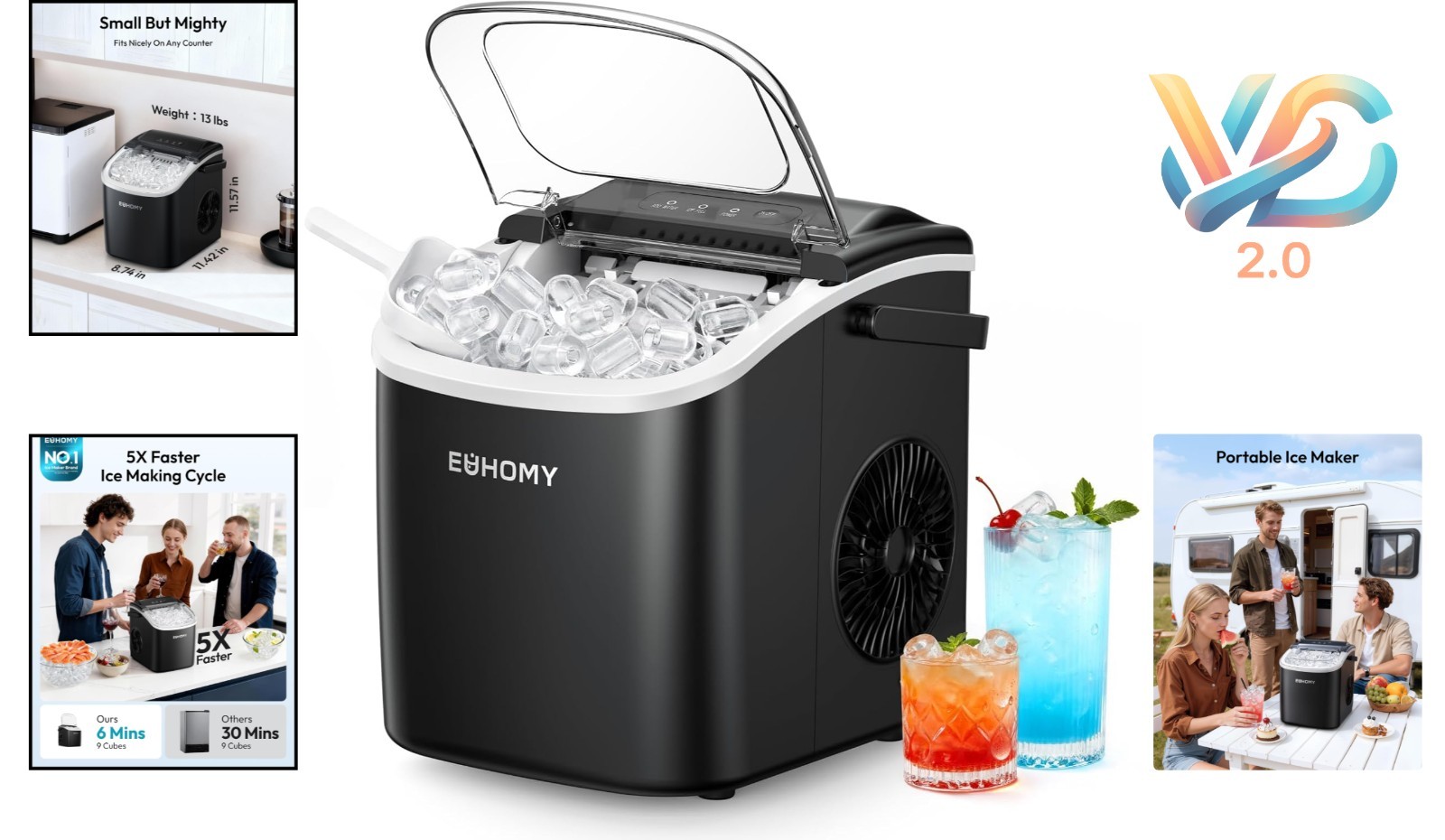 Countertop Ice Maker with Handle Black 26lbs/24H Fast Quiet Portable