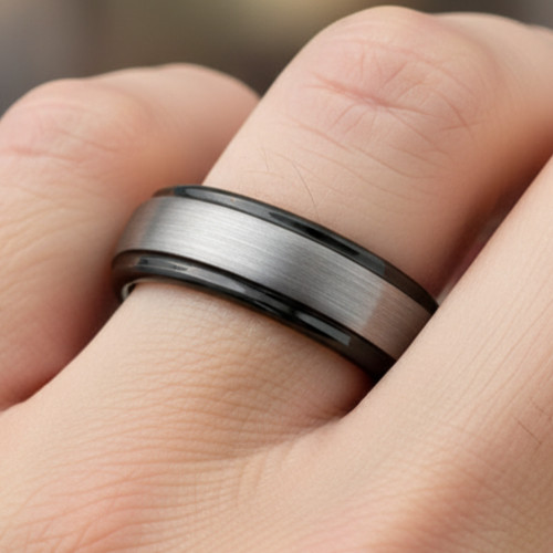 6mm Tungsten Ring – Two-Tone Design with Brushed Gunmetal Center & Black Edges