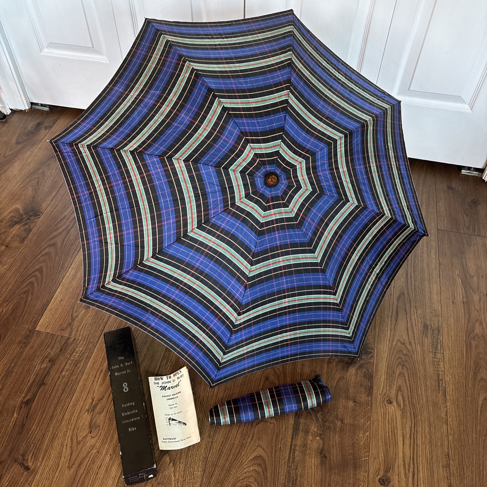 Vintage John U. Burt Marvel Jr. Umbrella - New in Box Blue Plaid