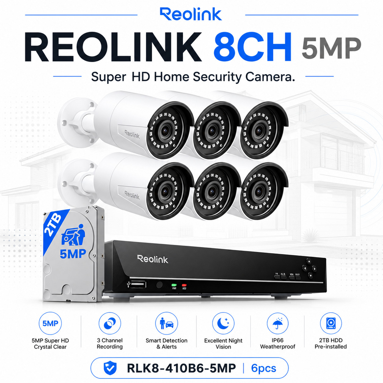 Reolink 8CH 5MP PoE Security Camera System 6 Cameras 2TB NVR AI Detection HD