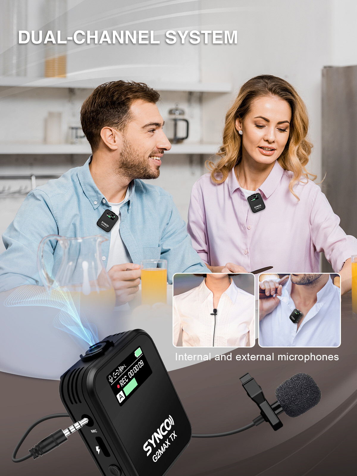 SYNCO G2A2 MAX Wireless Lavalier Microphone 2.4GHz 492FT 8H for Vlog Recording