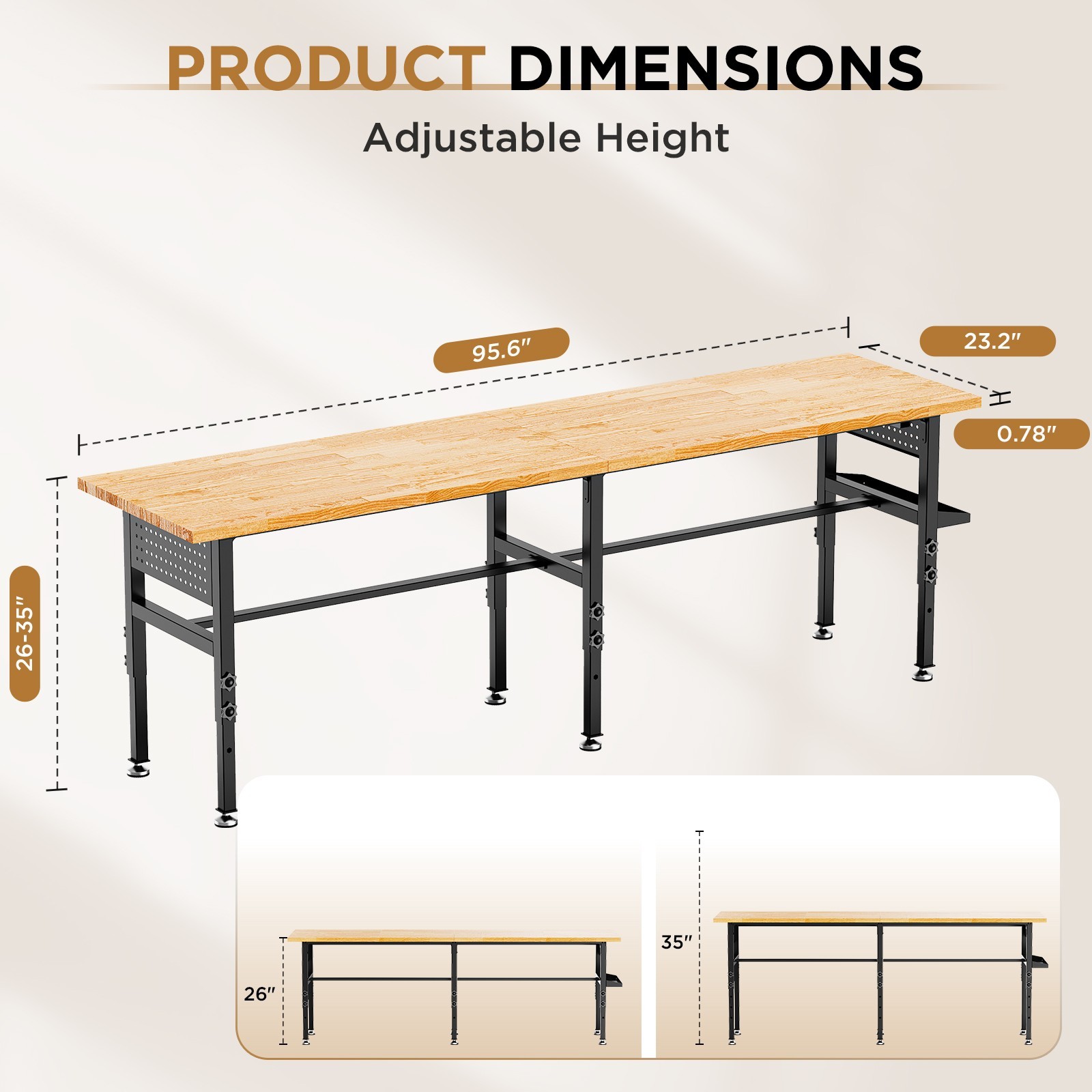 Adjustable 96" Workbench Solid Wood 2000lbs Power Outlet Pegboard Storage