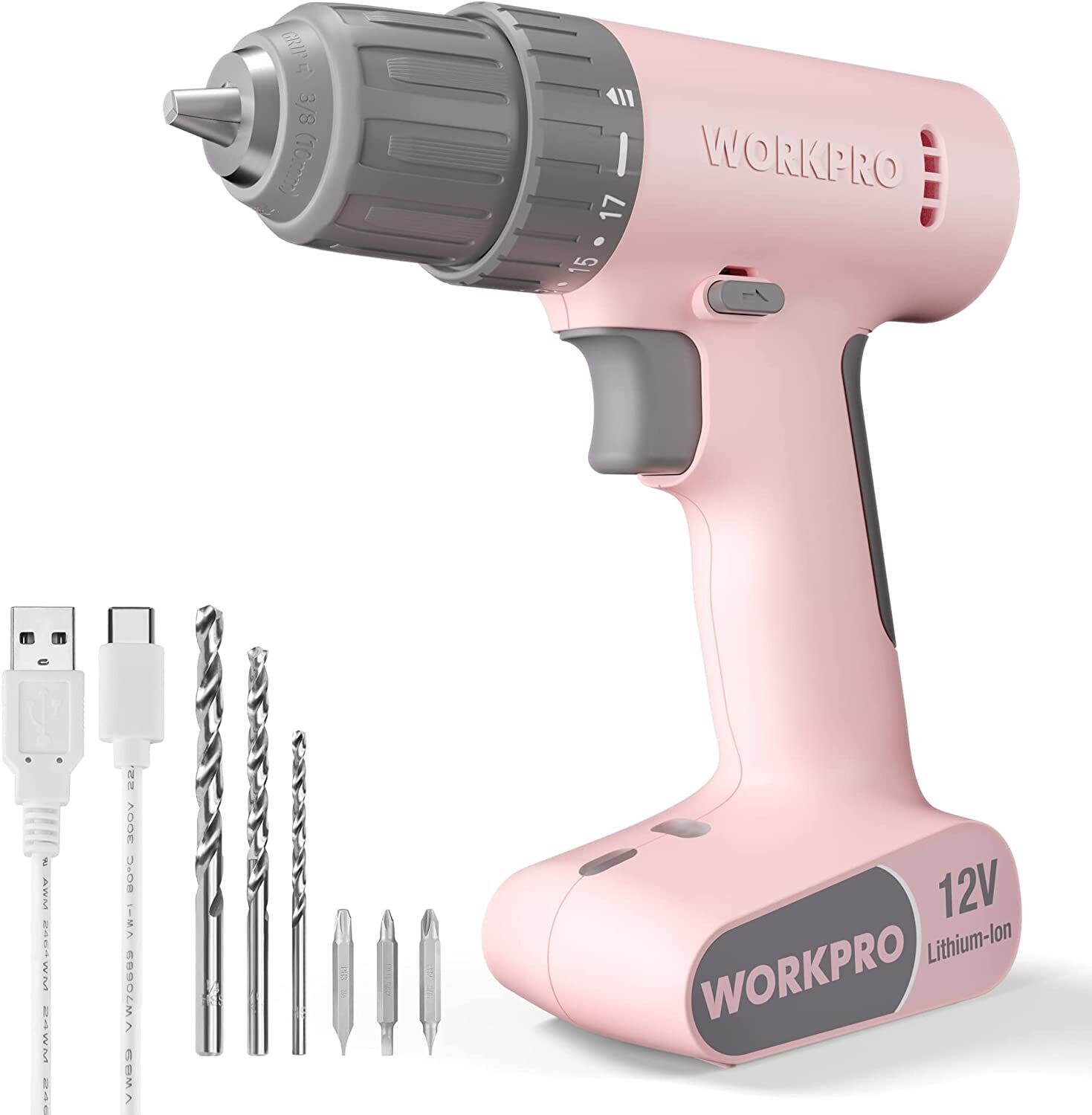 WORKPRO Pink Cordless Drill Driver Set 3/8-Inch Keyless Chuck 12V Electric Power