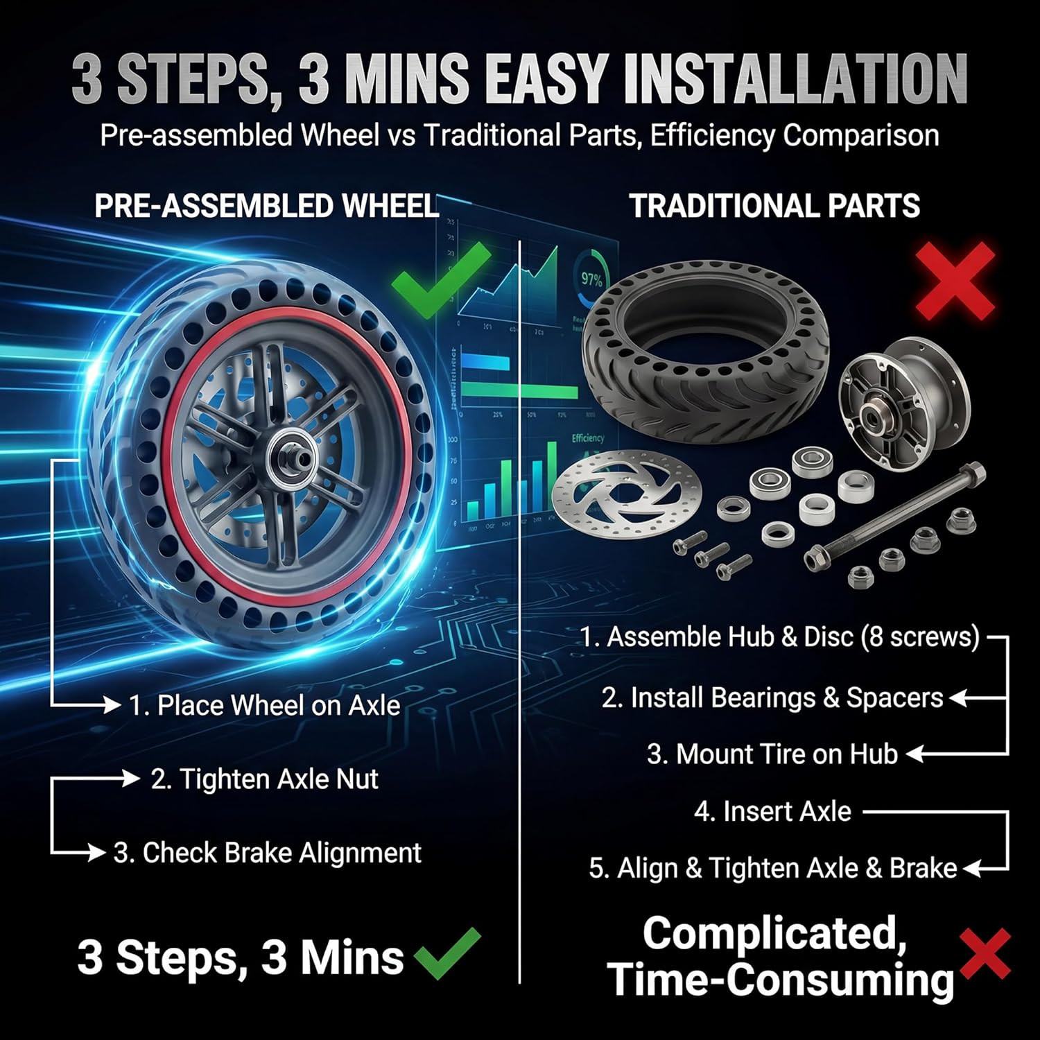 8.5'' Electric Scooter Rear Wheel Replacement Kit - Solid Honeycomb Tire with Al