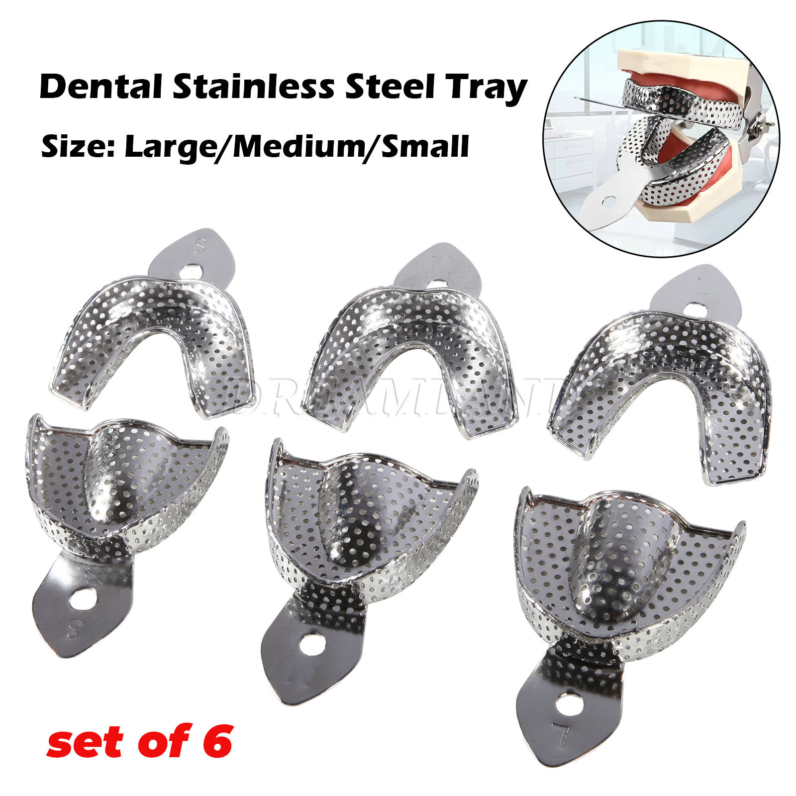 6PCS Dental Autoclavable Metal Impression Trays Stainless Steel Upper & Lower