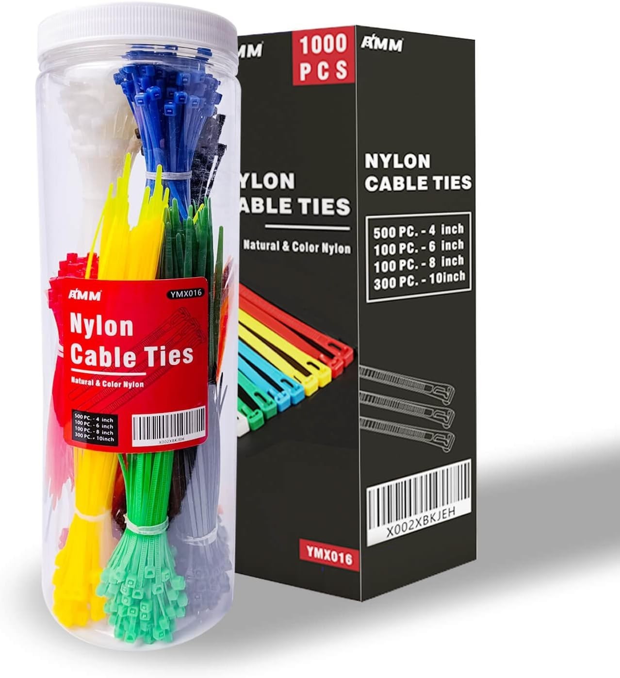 Colored Zip Ties 1000 Pack Assorted Sizes 4, 6, 8, 10 Inches with Storage Jar