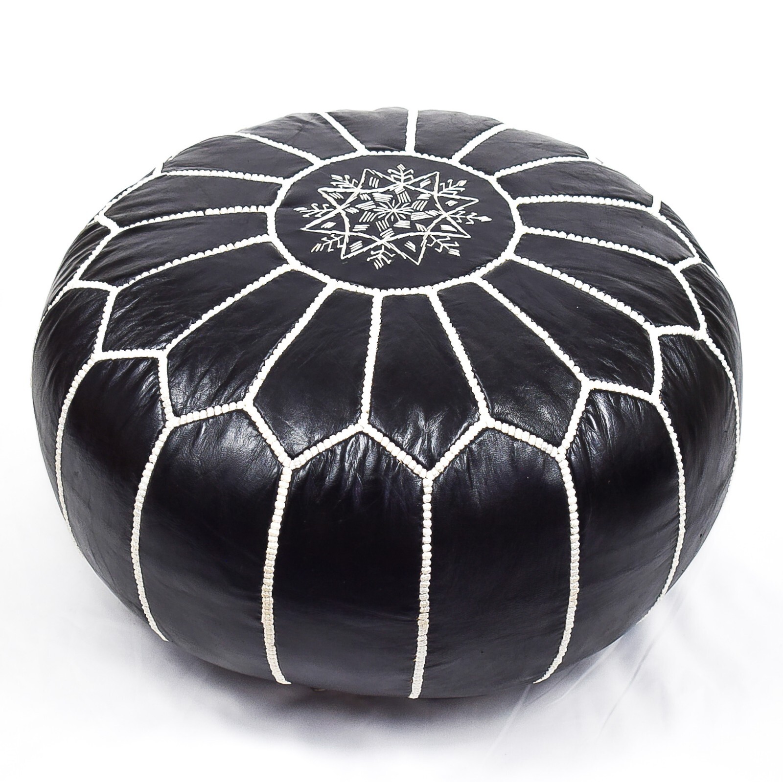 Moroccan Handcrafted Leather Pouf, handmade leather pouf, White and black pouf,