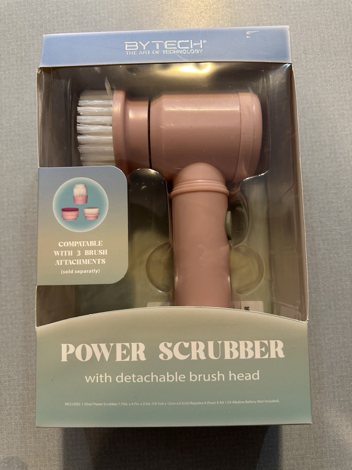 BYTECH Power Scrubber Pink, Detachable Brush Head, 3 Attachments