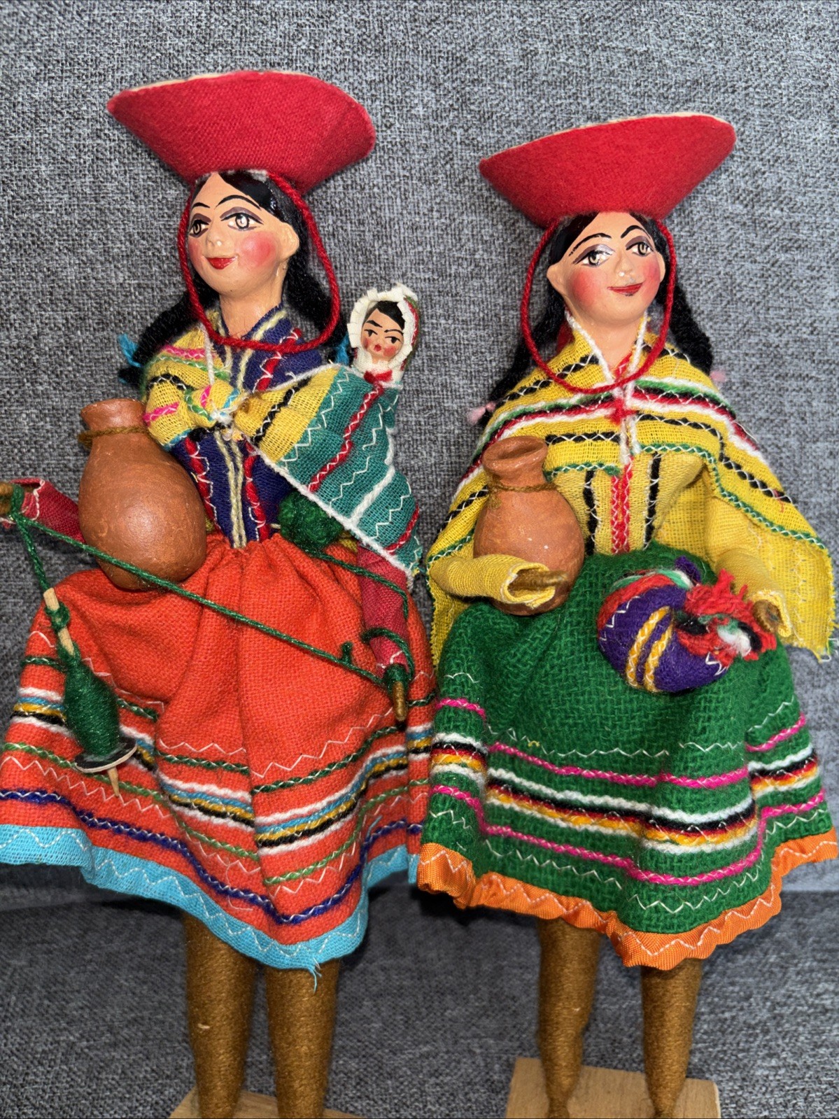 Vtg! Peruvian Folk Dolls Handmade Yarn Andean Decor Collectible Lot Of 2!