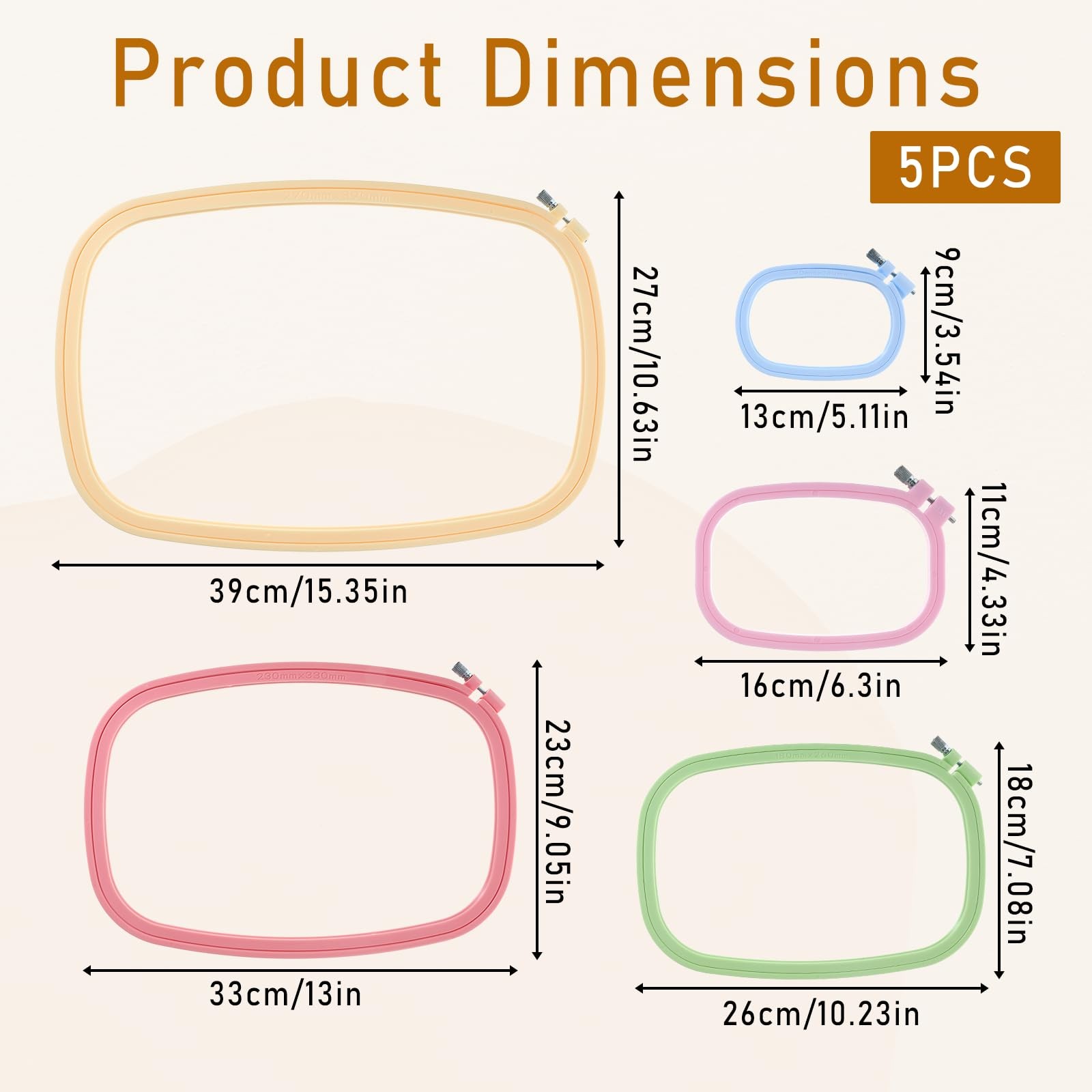 5 Size Rectangular Embroidery Hoops Set, Blue, Purple, Green, Pink, Yellow