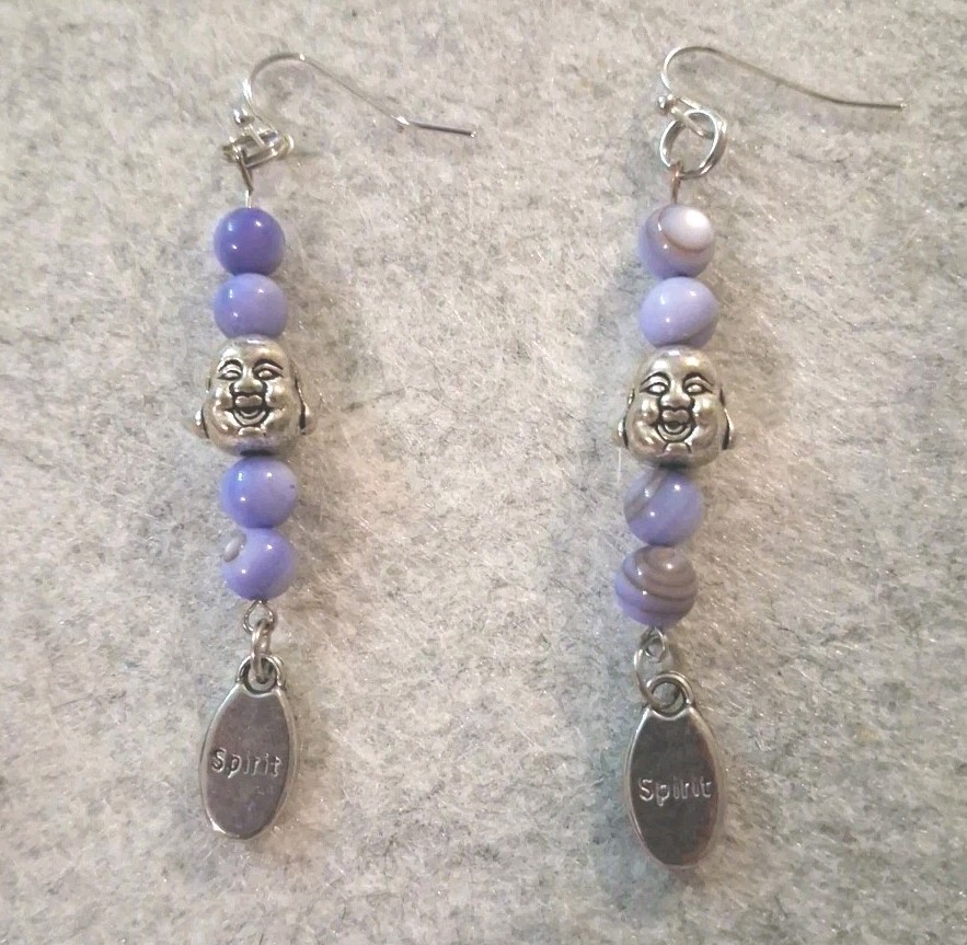 Vintage Hand Crafted Lavender & Beads Buddha Charm Dangle Earrings