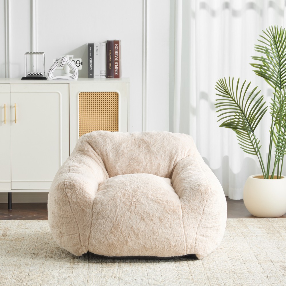 Beige Faux-Fur Bean Bag Chair, Indoor Cozy Armchair-Style, Shredded Foam Filler