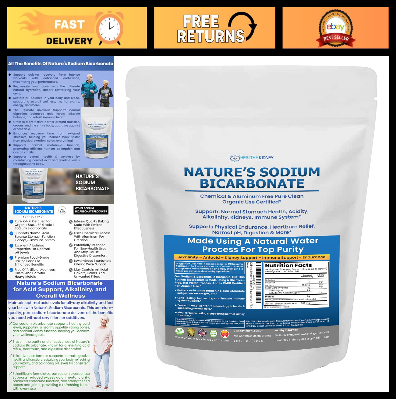 Organic Baking Soda Powder 1lb - Aluminum-Free Food Grade Sodium Bicarbonate for