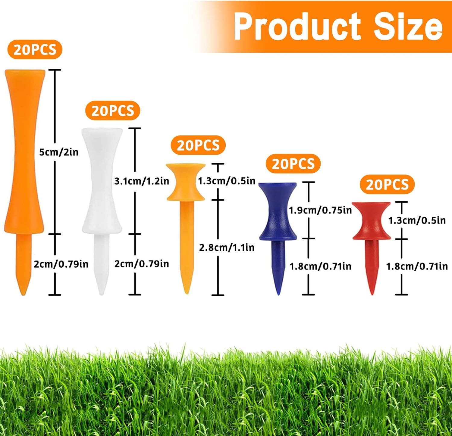 100 Pcs Plastic Castle Golf Tees Step Down Mixed Sizes 31 37 41 51 70mm Assorted