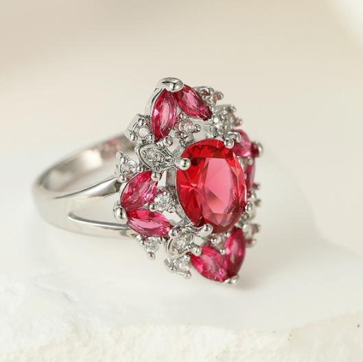 Oval Flower Shine Red Kunzite White Topaz Gemstone Silver Rings Size 6-10