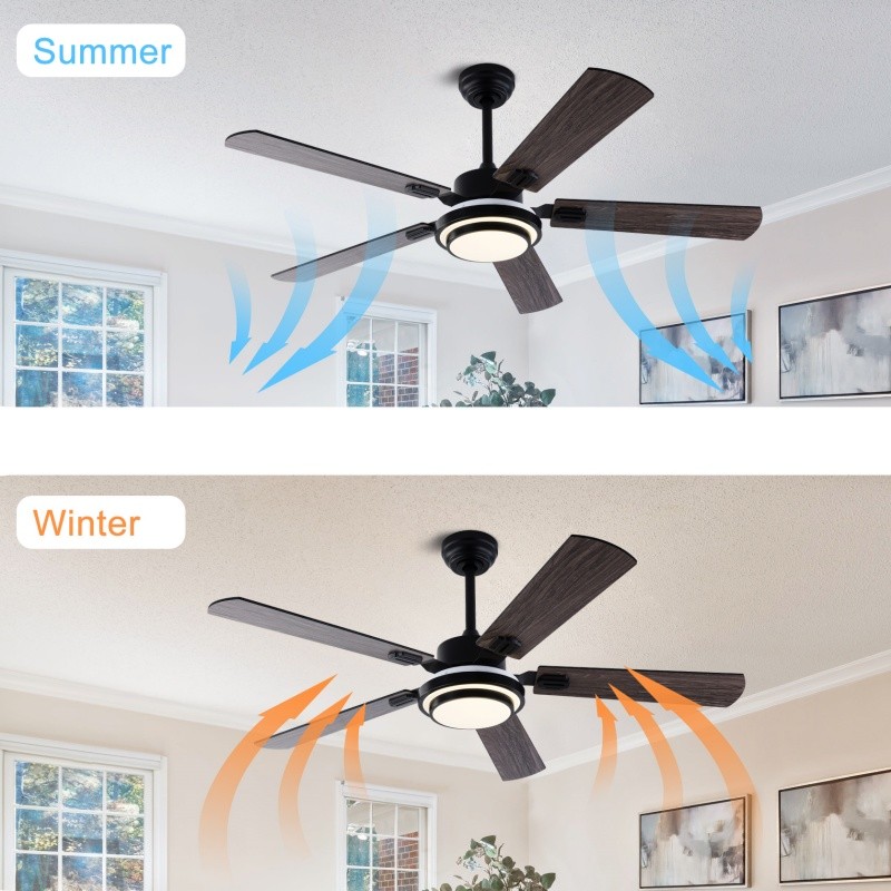52" Modern Wood Ceiling Fan with Light 5 Double Sided Blade Reversible Remote