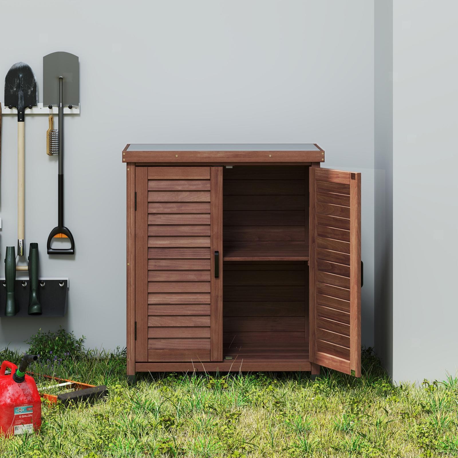 Potting Bench with Storage Cabinet and Metal Table Top for Outdoor Patio,
