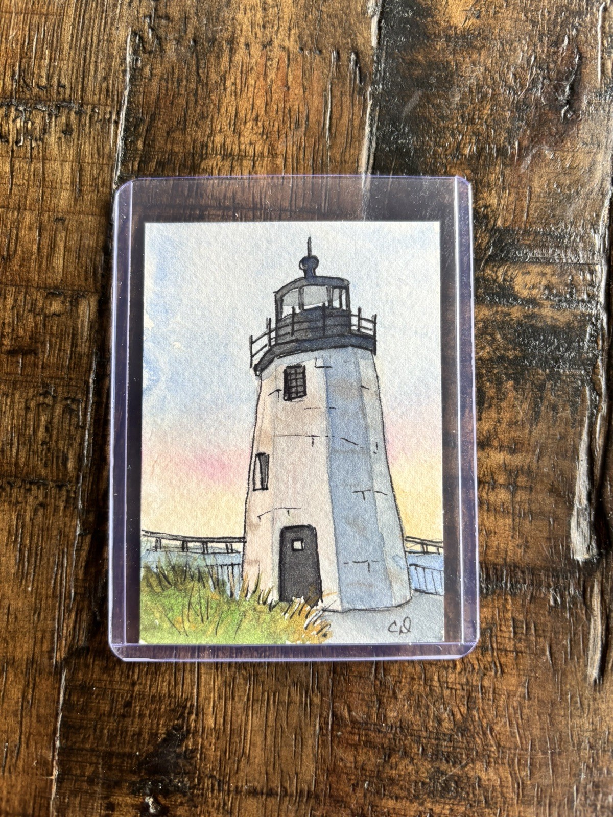 Original Watercolor ACEO Painting - Goat Island Lighthouse Newport RI - Signed