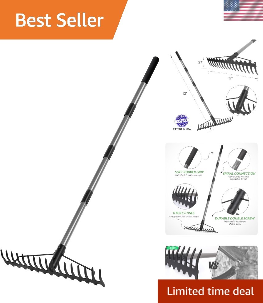 Multi-Functional 5.4FT Garden Rake with 17 Durable Tines & Adjustable Handle