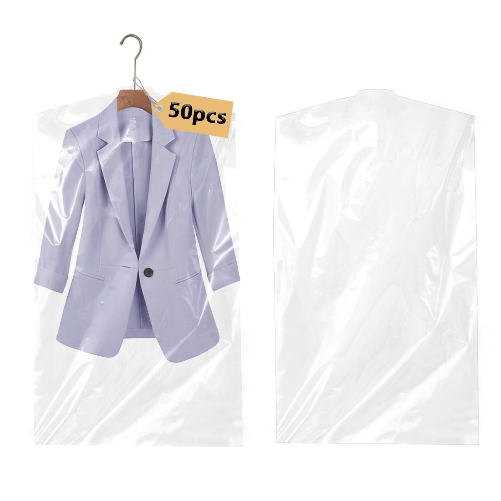 50 Pk Plastic Dry Cleaning Bag for Clothes 60 x 90 cm Hanging Clear Garment Bags
