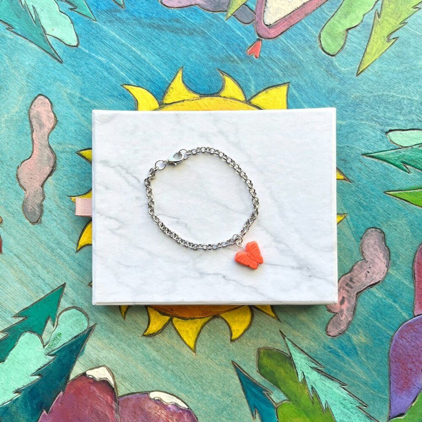 Orange Butterfly Charm Silver Chain Bracelet