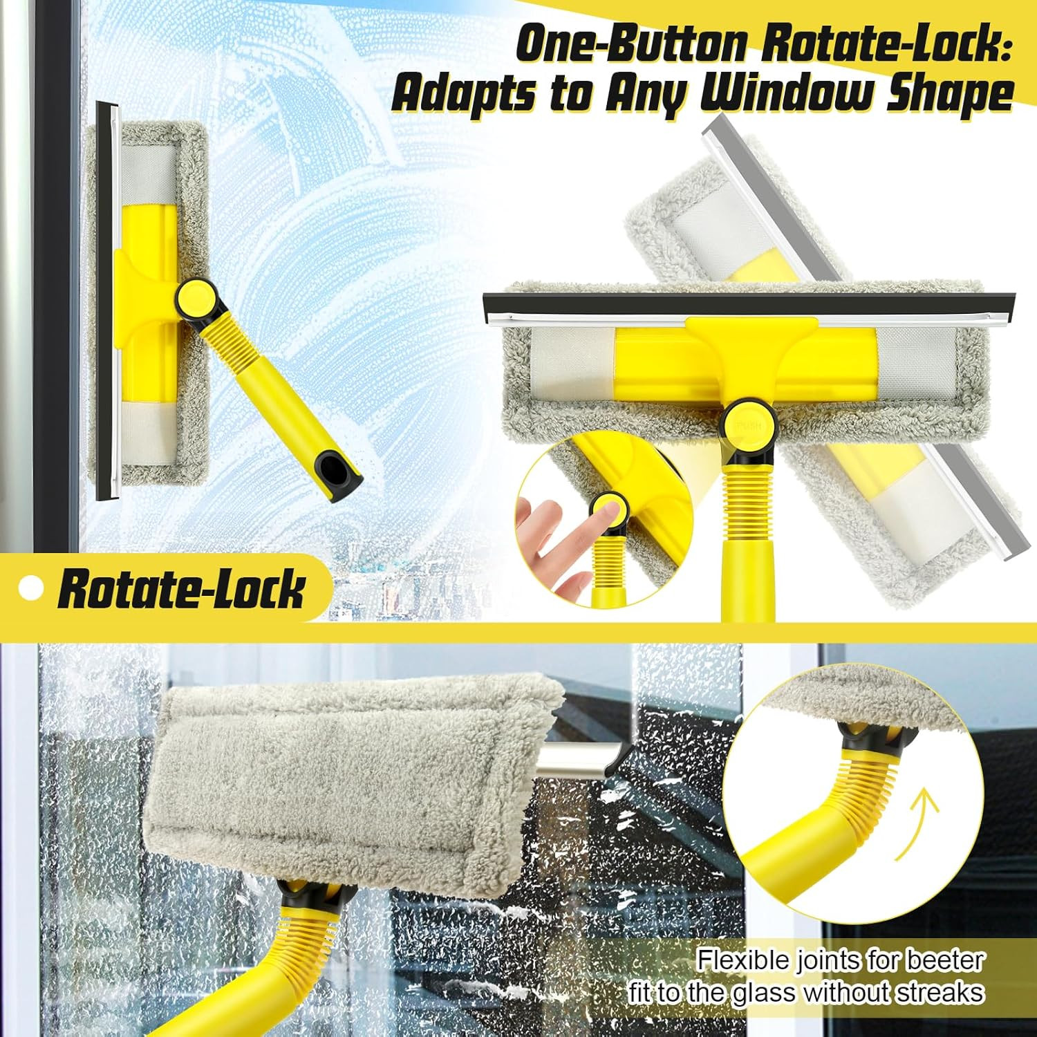Professional Window Squeegee with 60" Extension Pole for Home | 2 in 1 Squeegee