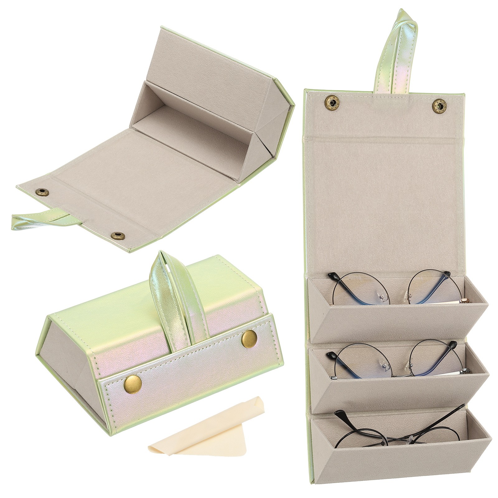 Travel Sunglasses Organizer, 3 Slot Foldable Sunglasses Holder, Gradient Green