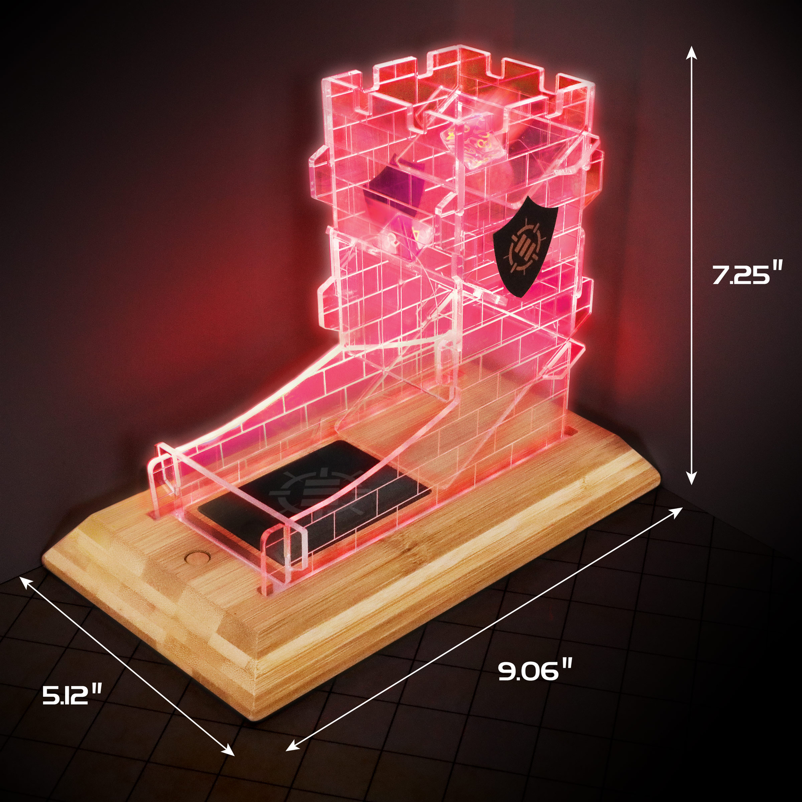 LED Dice Tower with 7pc Dice Set for RPG Games - 7pc Dice Set, LED Dice Roller