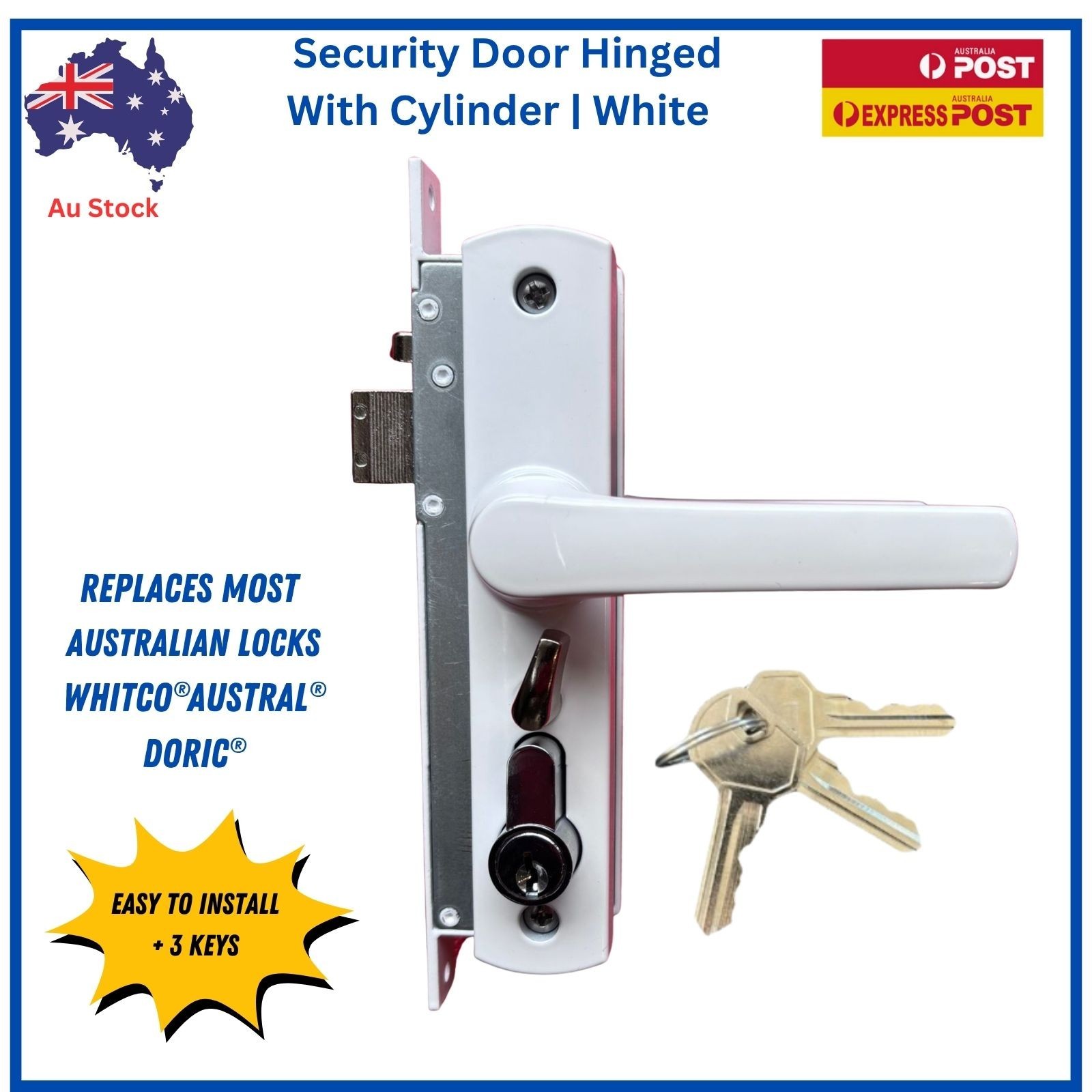 Security Screen Door Lock Hinged | White | With Snib |  Cylinder + 3 Keys