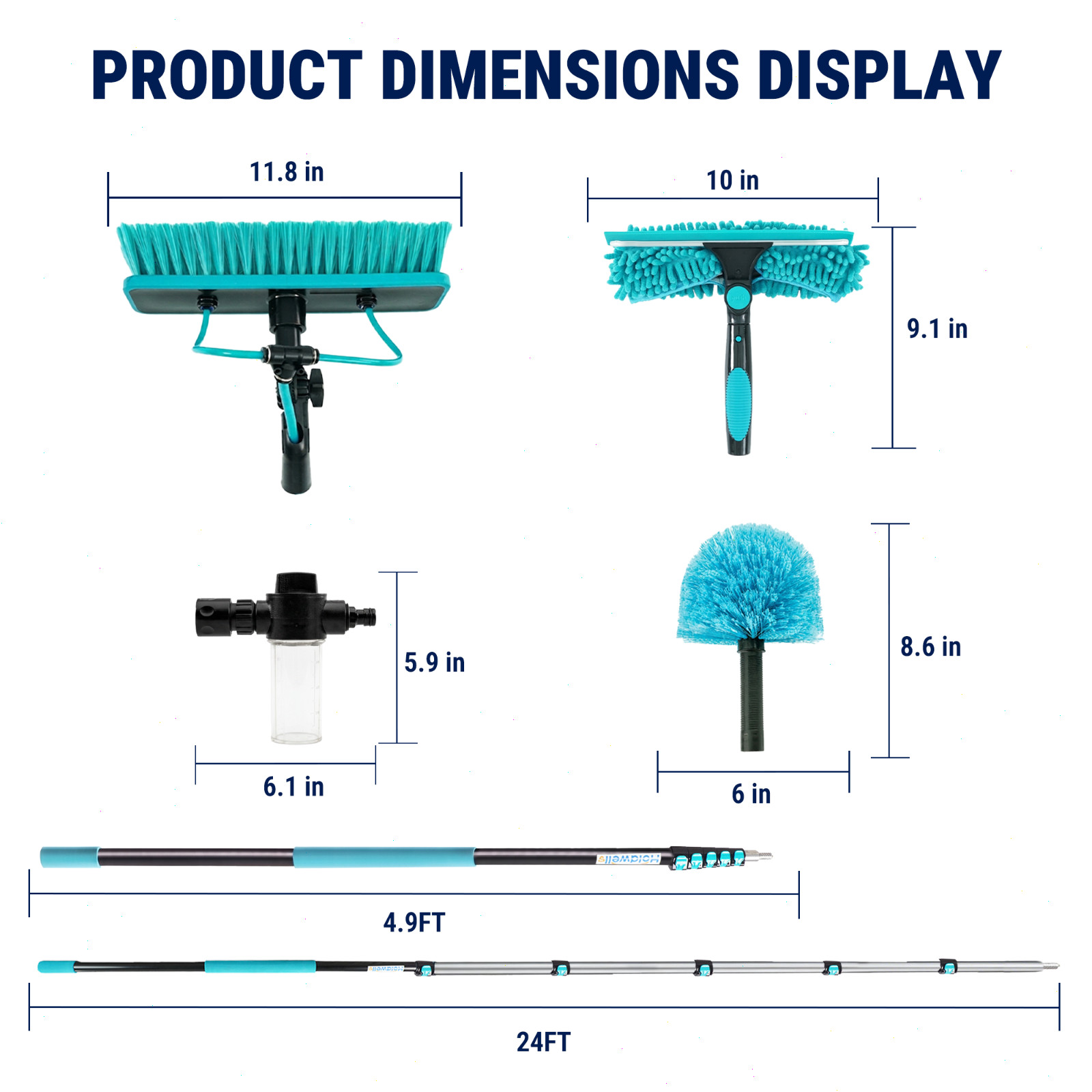 24FT Water Fed Pole Cleaning Kit with Extendable Pole, 180° Rotatable Head