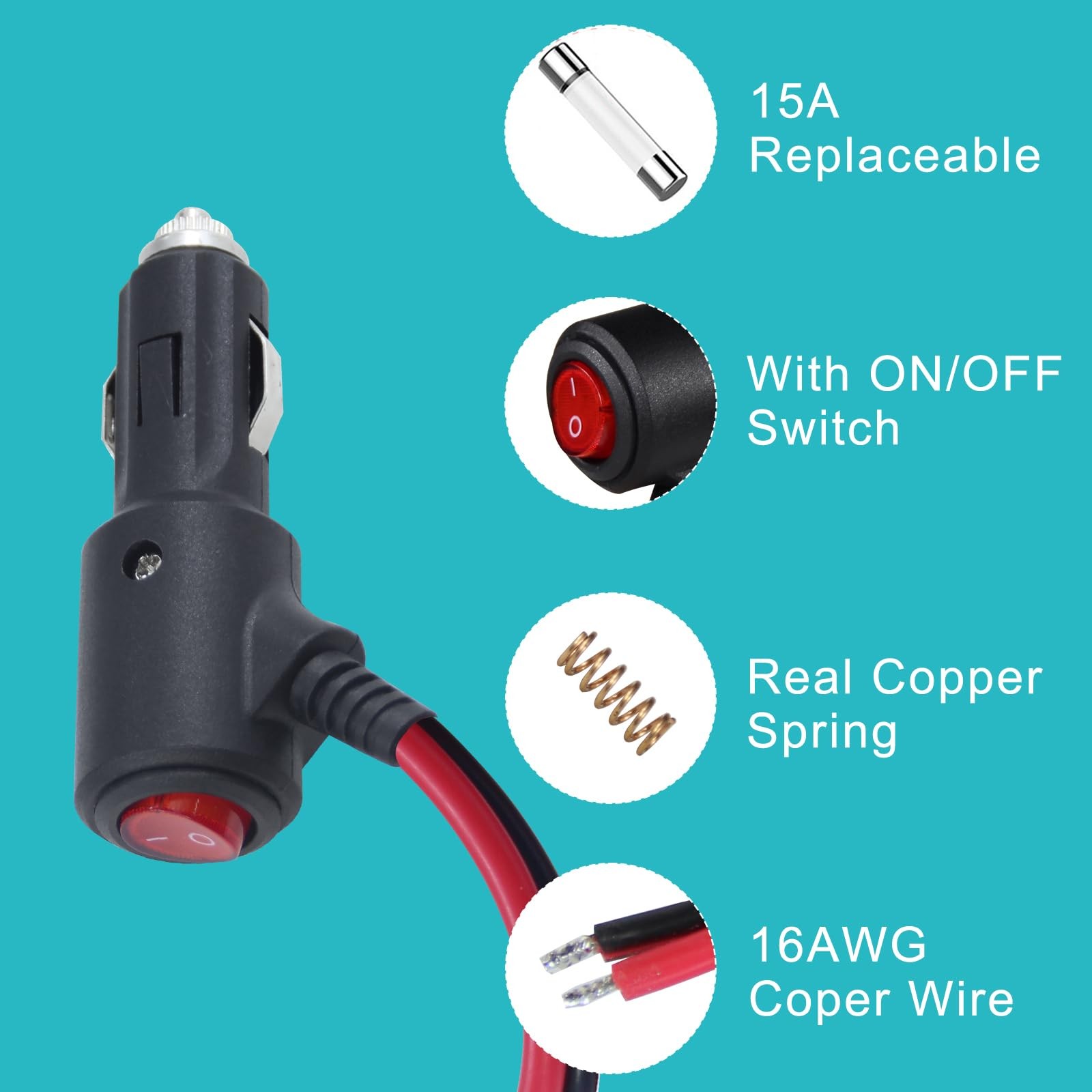 12Volt Replacement Cigarette Lighter Male Plug with On Off 3FT, red and black