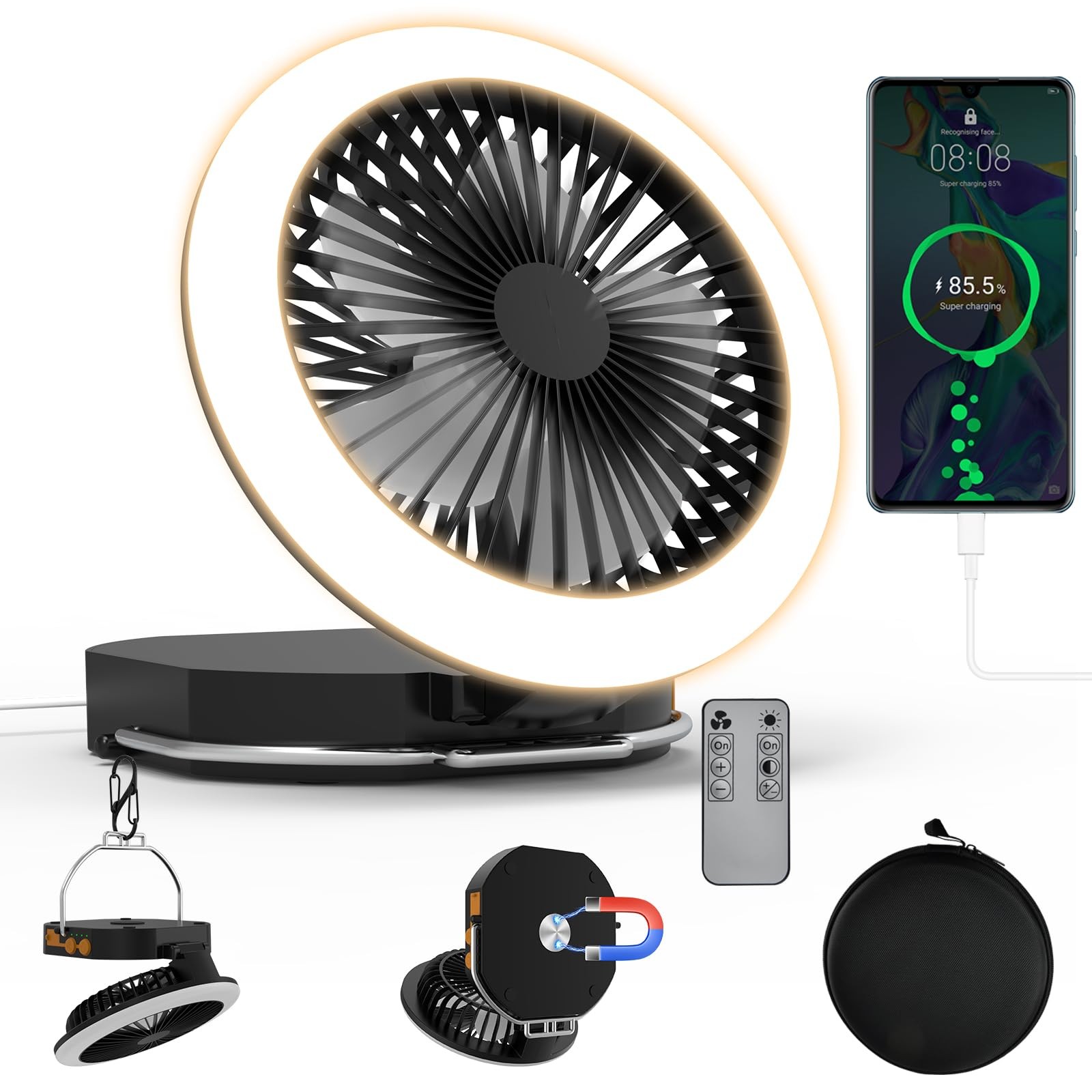 Portable Camping Fan Light with Carring Bag, 72H Work Time, Rechargeable 1200...