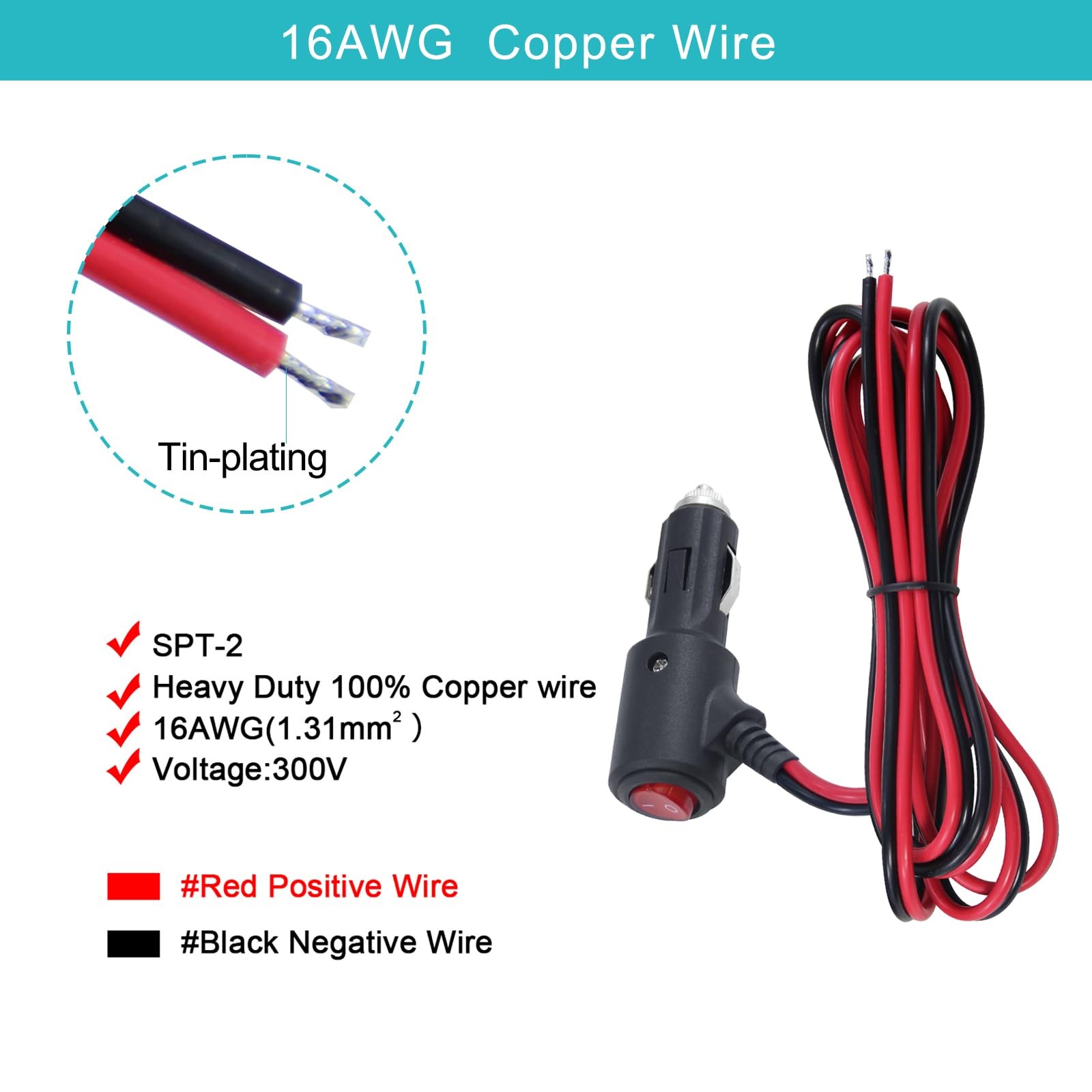 12Volt Replacement Cigarette Lighter Male Plug with On Off 3FT, red and black