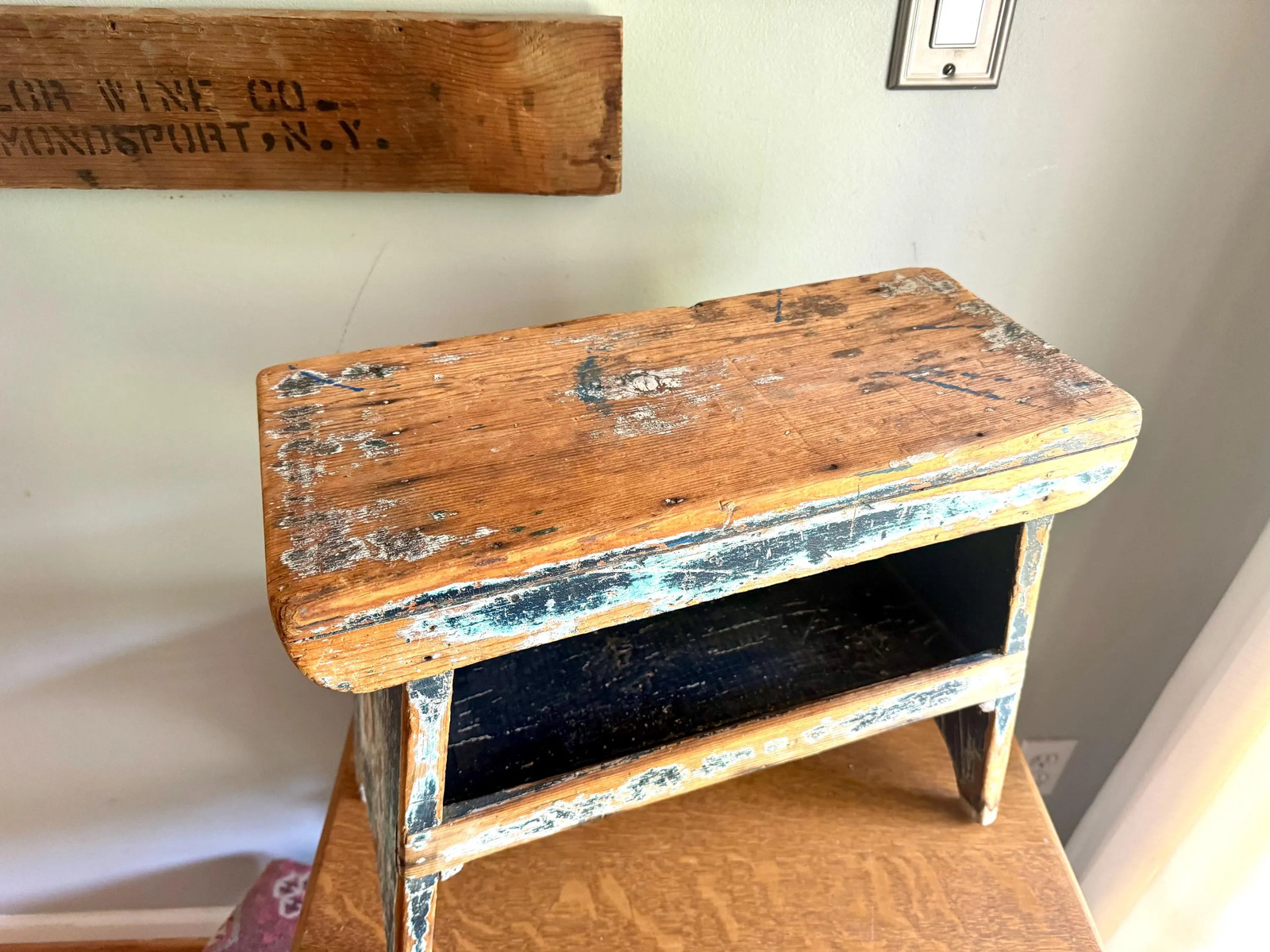 Antique Wooden Stool with Distressed Paint | Distressed Blue Primitive Stool