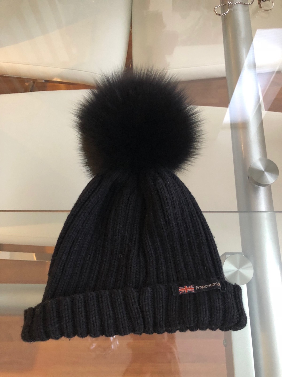 EMPORIUM UK Black Fox Pom Pom Clip On Hat O/S Retail $200