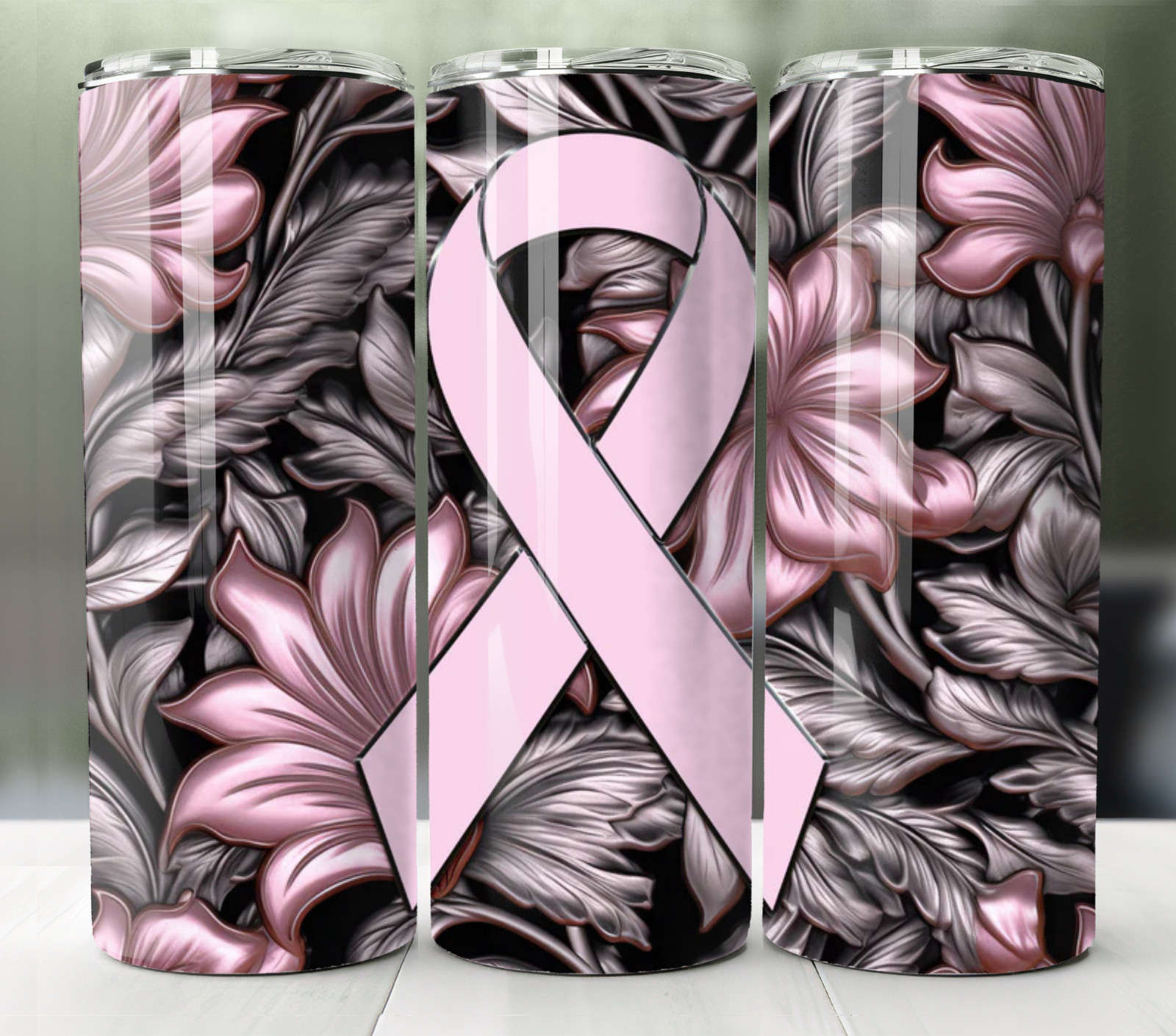 Pink Ribbon Floral Tumbler 20oz Stainless Steel Breast Cancer Awareness Cup