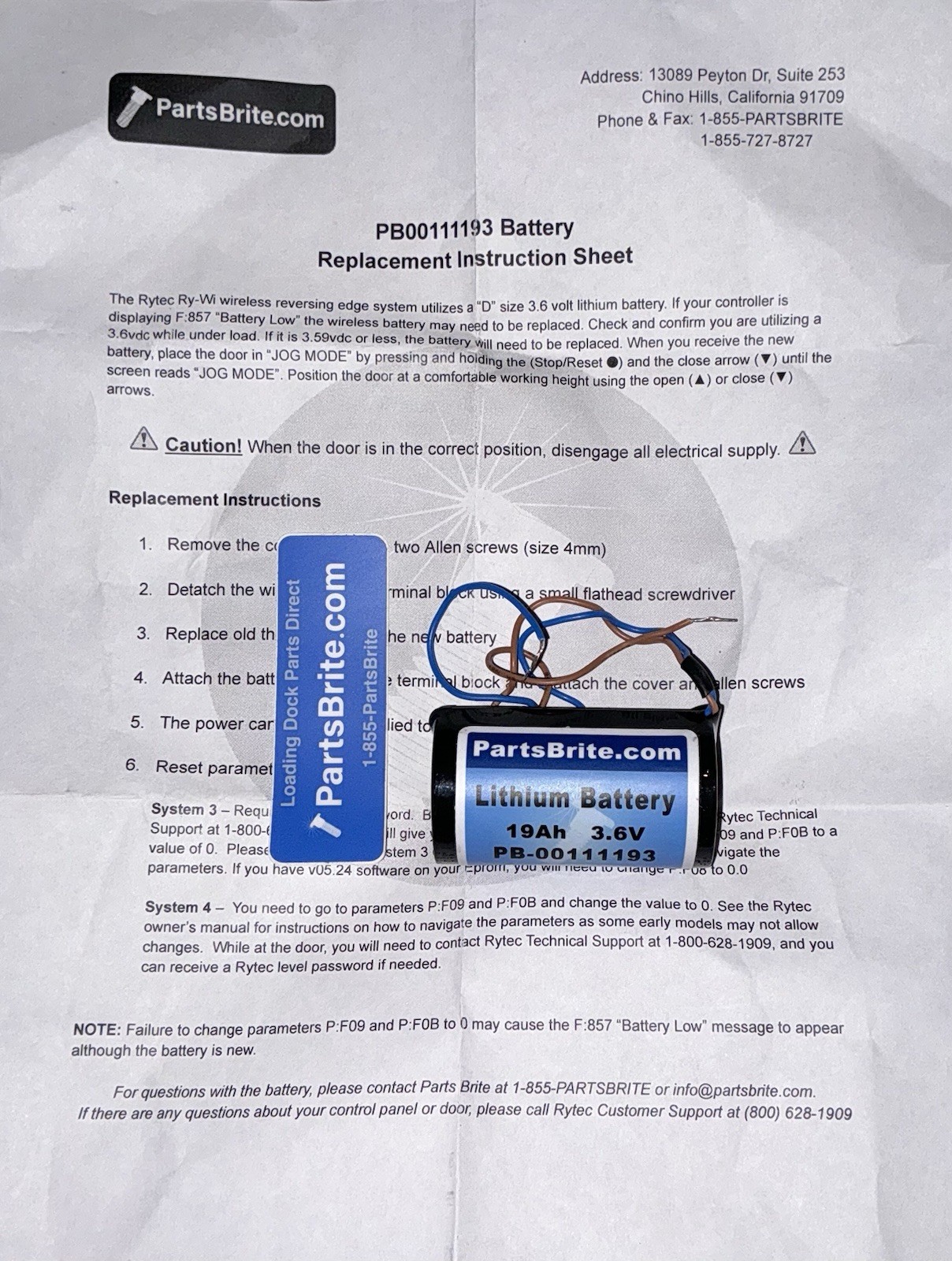 PartsBrite Rytec 3.6V 19Ah Lithium Battery, PB-00111193, with Wire Leads