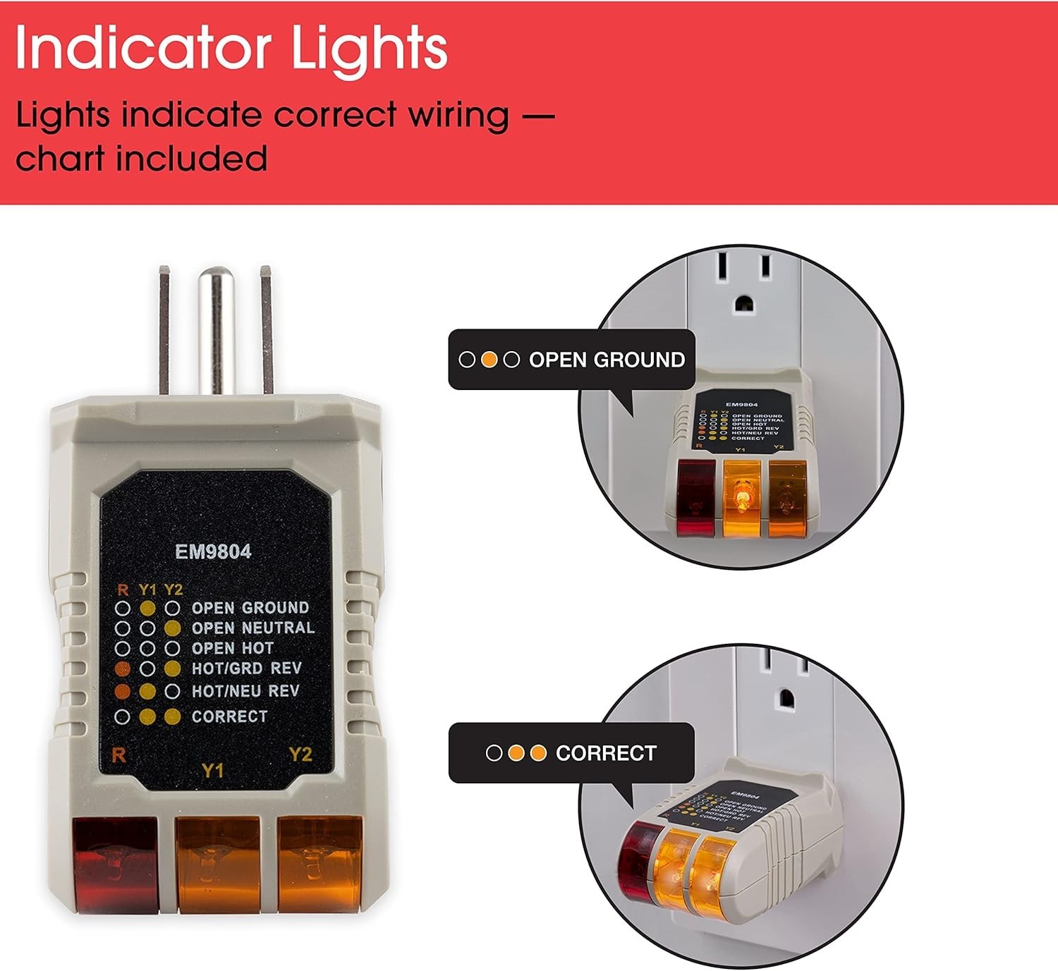 3-Wire Receptacle Tester, 110-125 VAC – Listed with 6 LED Visual Tests
