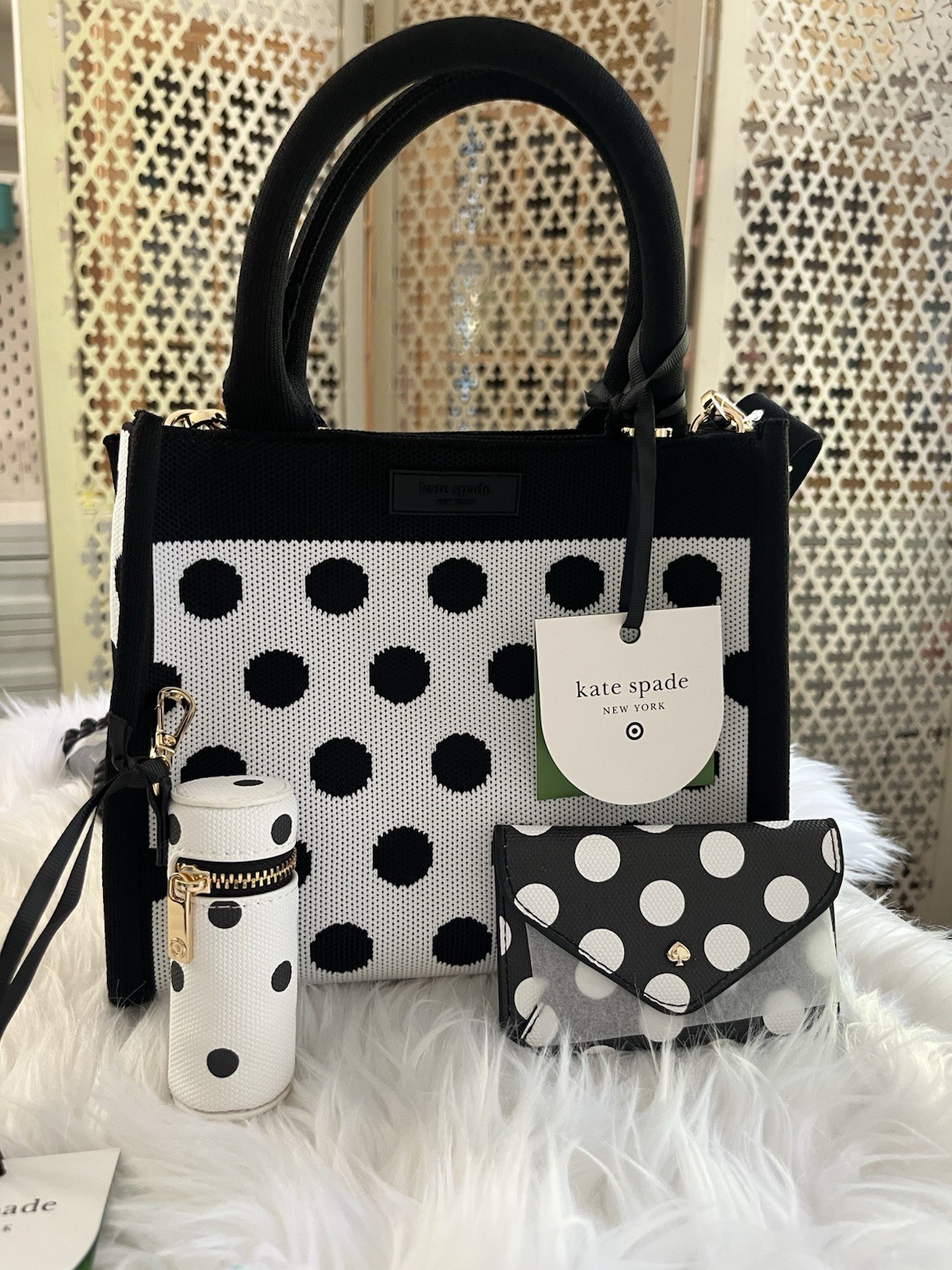 💄NWT Kate Spade x Target Black/White Polka Dot Knit Crossbody + Lipstick Charm