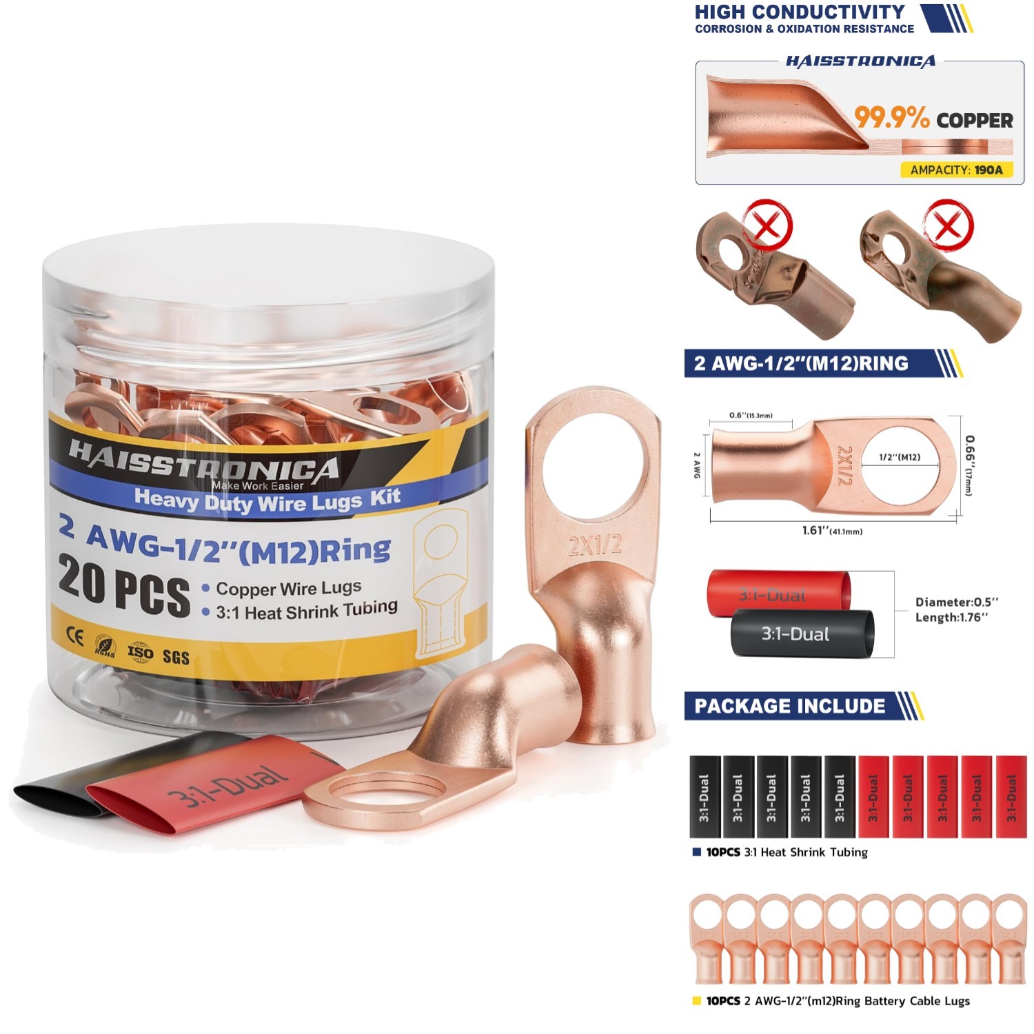 20pc 2 AWG 1/2" M12 Copper Battery Lug Ring Terminals 3:1 Heat Shrink Tubing Kit