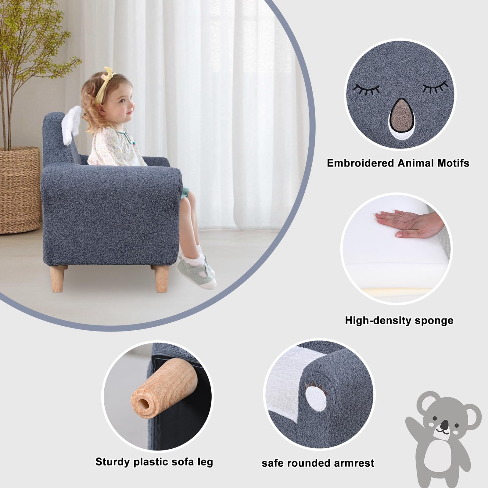 Kid's Sofa with Embroidered Animal Motifs and Legs,Toddler Armchair with Wood...