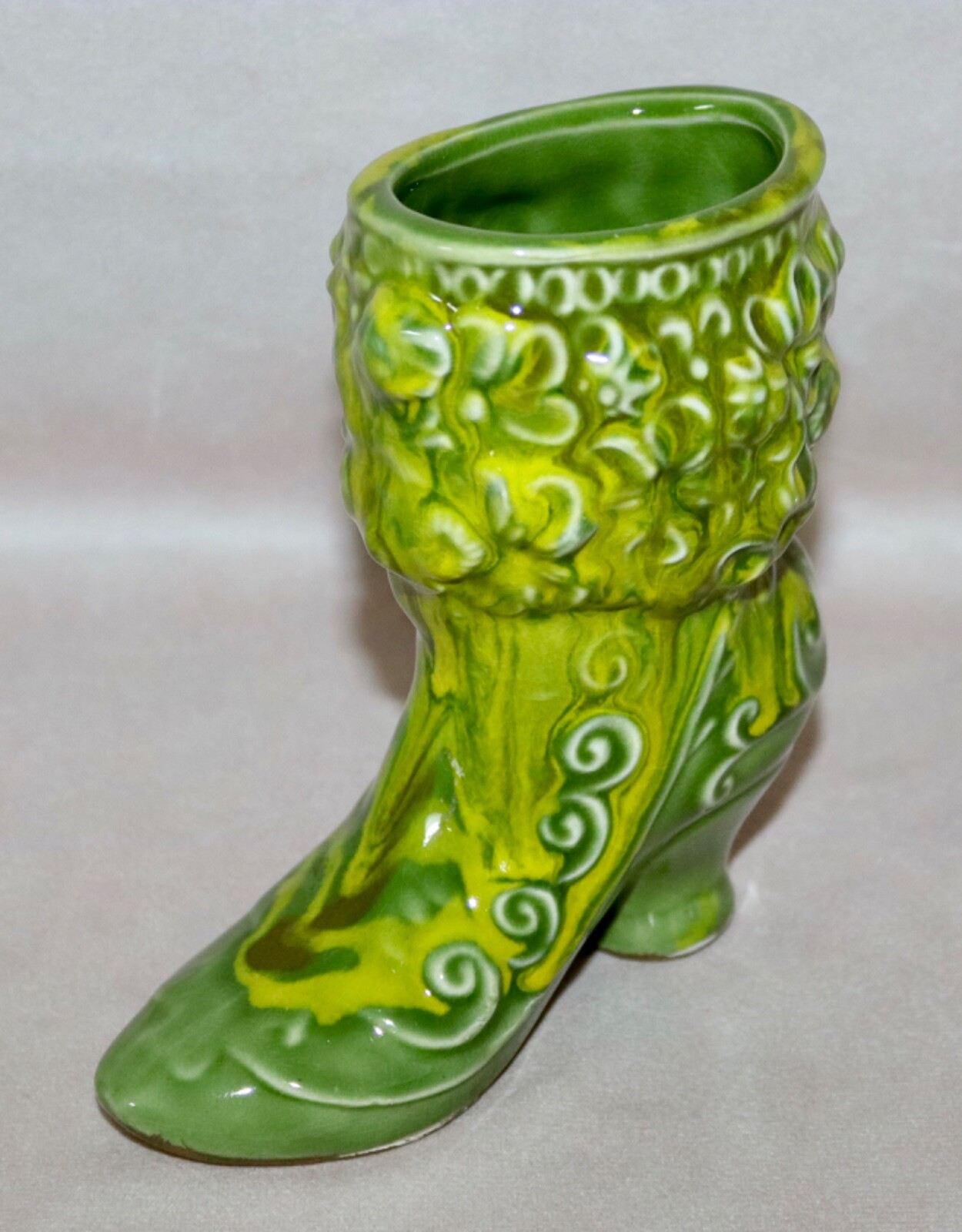 Green & Yellow Glazed Victorian Boot 5.5” Ceramic Planter ~ Vase