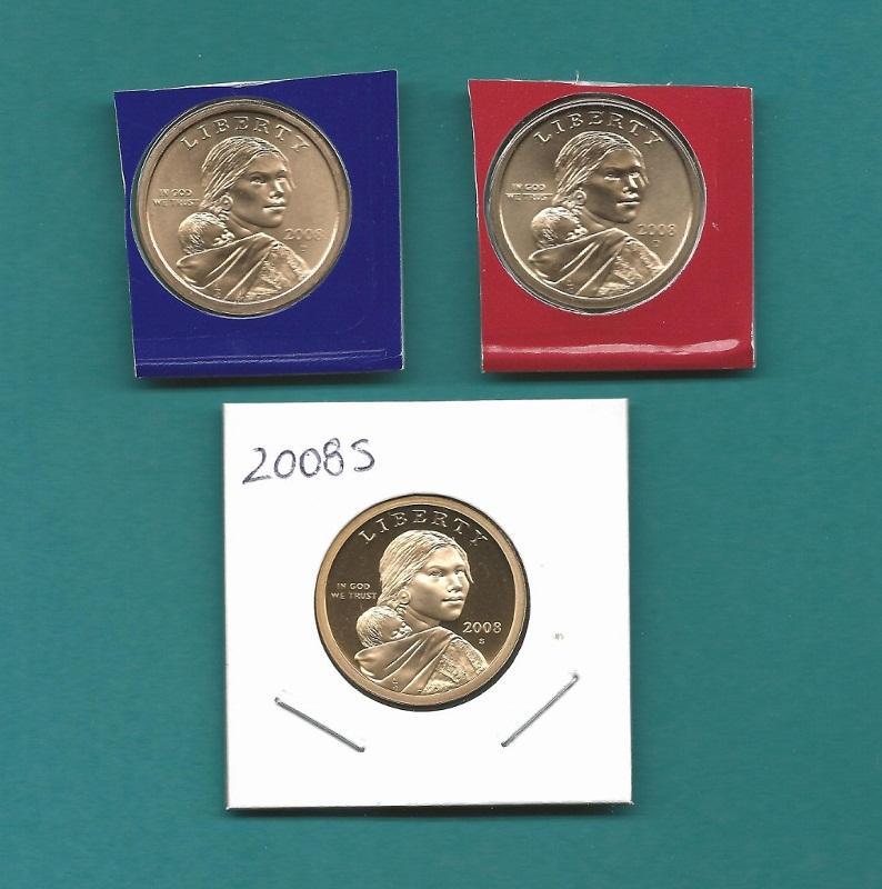 2008 P and D Satin BU plus S Proof Sacagawea Native American Dollars - 3 Coins