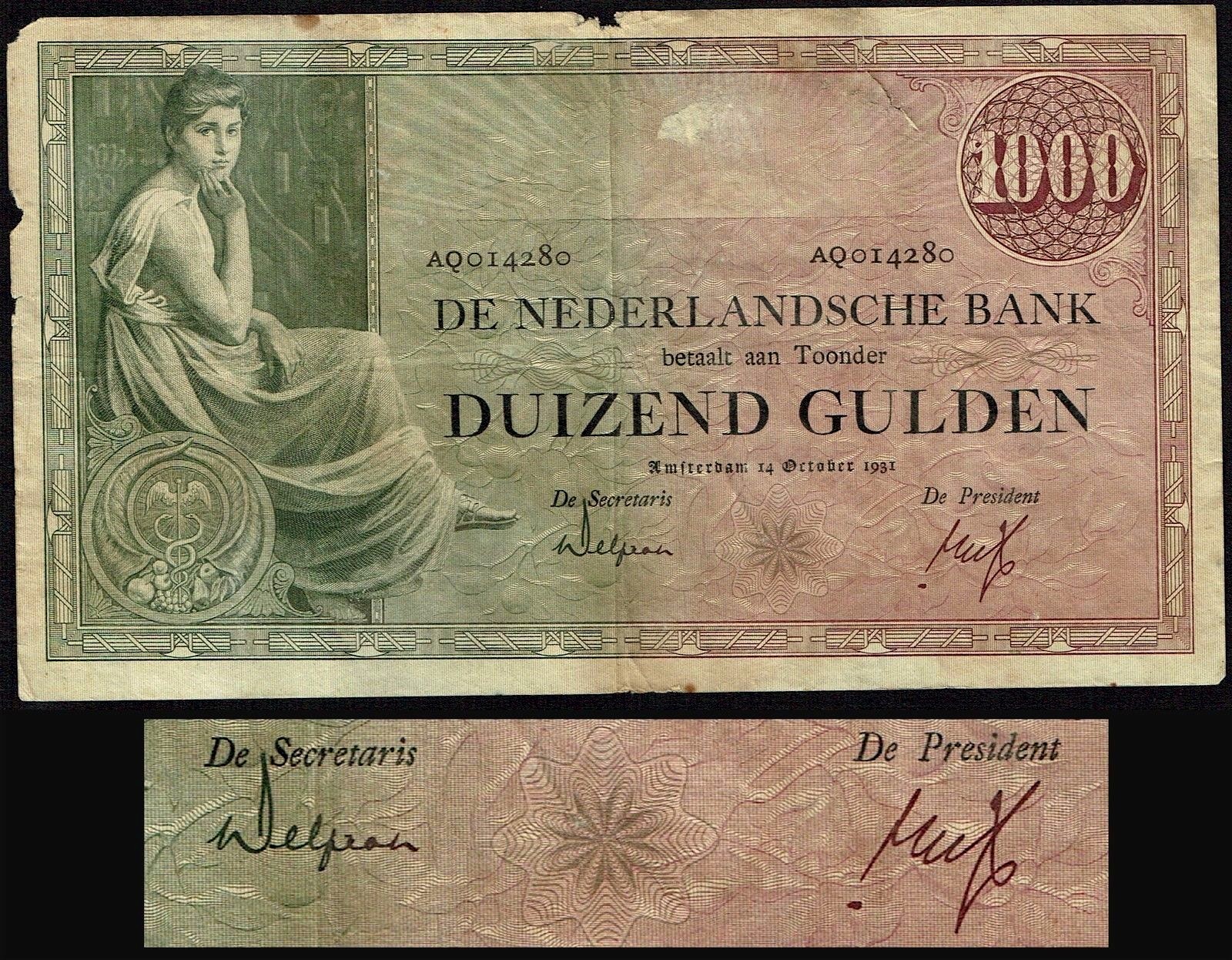 NETHERLANDS 1000 1,000 GULDEN P48 1931 Type II PRE EURO RARE CURRENCY BANKNOTE