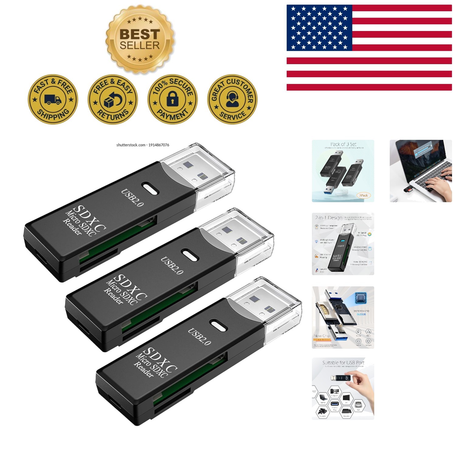 Compact 3-Pack USB Card Reader with Dual Slots for SD & Micro SD Transfer